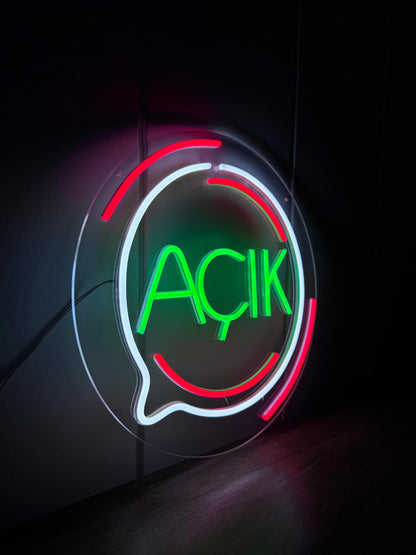 Açık Yazısı Neon LED Tabela | Işıklı Cam Vitrin Tabelası